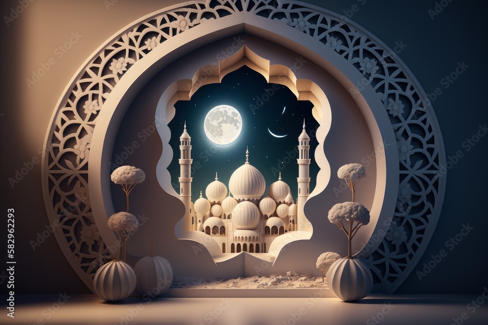 Poster a 3d rendering of a mosque with a moon and stars. generative ai