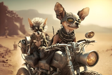 chihuahuas post apocalyptic scene in the desert on a motorbike, generative ai
