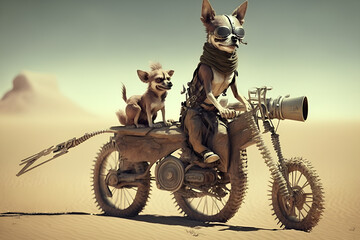 Fototapeta na wymiar chihuahuas post apocalyptic scene in the desert on a motorbike, generative ai