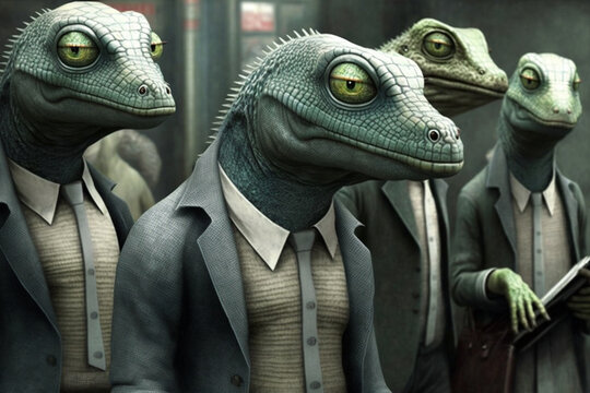 portrait of a lizard men in business suit , conspiracy theory concept, generative ai
