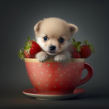 Cute Puppy In A Teacup With Strawberry On Top Of_its