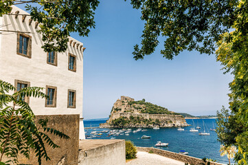 Aragonese castle and Michelangelo Tower, Ischia Island - obrazy, fototapety, plakaty