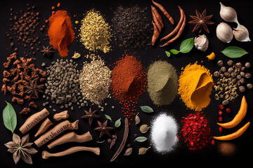 Various spices on a black background. Generative Ai