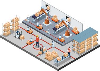 3D isometric automated warehouse robots and Smart warehouse technology Concept with Warehouse Automation System and Robot Transportation operation service. Transparent PNG illustration