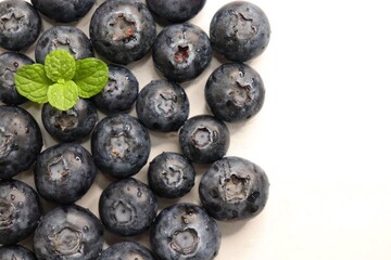 Fresh blueberries with mint leaves. The fruits are actual berries with many tiny seeds and are deep indigo to black color when ripe. Copy space.