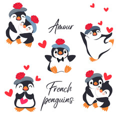 Collection of vector cute cartoon French romantic penguins