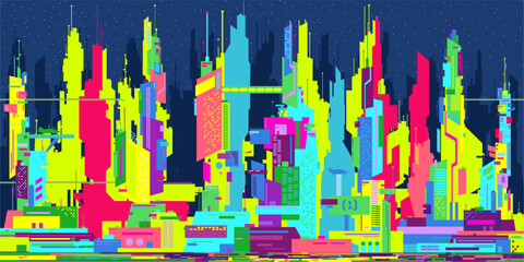 Neon Colorful Trendy Abstract Futuristic Sci-fi Cyber Space City Landscape Vector Illustration