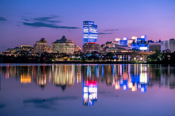 blue hour night view of the city of Albany, NY