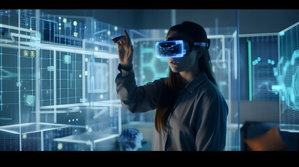 Auf dem Bild ist eine Frau zu sehen, die eine VR-Brille trägt und in eine holografische Darstellung von Statistiken vertieft ist - obrazy, fototapety, plakaty