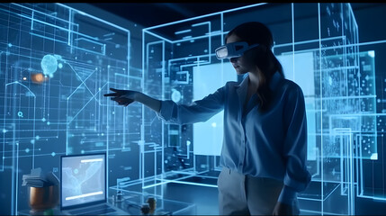 Auf dem Bild ist eine Frau zu sehen, die eine VR-Brille trägt und in eine holografische Darstellung von Statistiken vertieft ist - obrazy, fototapety, plakaty