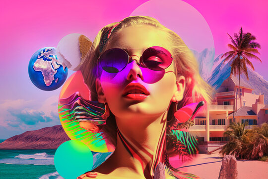 A vivid colorful portrait of a young, beautiful girl. A modern, charismatic woman. Summer surrealistic collage, psychic wave. Neon lights. Illustration, Generative AI.