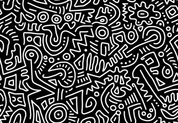 Black and white abstract drawing hand-drawn in scribbles on a black background.Seamless pattern.