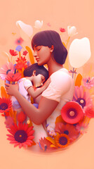 Happy mother's day illustration. Mother with child, flowers and hearts flying around. Genegarive AI 
