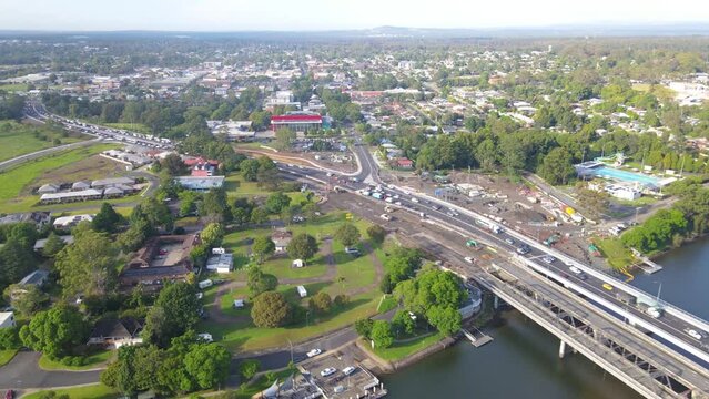 Aerial drone view of Nowra at Nowra Bridge along the Princes Highway in the City of Shoalhaven, NSW, Australia with Shoalhaven River in the background 