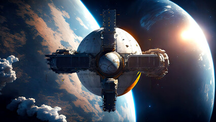 Obraz na płótnie Canvas Futuristic space station with planet earth in the background. Concept art of a scifi space station in the future. Generative AI
