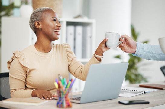 Smile, Black Woman At Desk And Coffee Break In Creative Office With Laptop And Cup In Hands. Gratitude, Tea Time And Happy African Businesswoman At Computer At Startup Business With Mug From Coworker