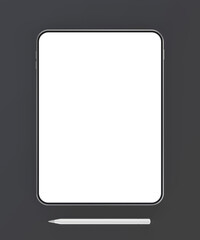 Tablet with empty screen and wireless stylus pen on dark grey background, top view