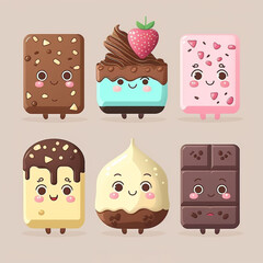 Cute kawaii cartoon set of brownies and chocolates