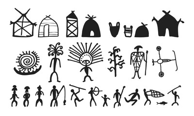 Cave painting prehistoric rock art hand drawn sketch style vector illustration set. Rock age cave paintings set with prehistoric tribal people and village buildings and stuff.