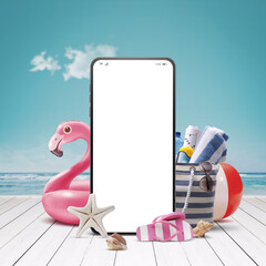 Smartphone with blank screen and beach accessories