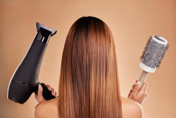 Hair, styling and brush with hairdryer and woman in studio for beauty, grooming and salon blowout....