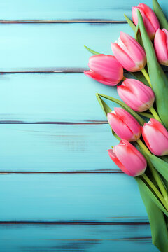 Fototapeta Tulip border with copy space. Bouquet of pink tulips flowers on turquoise blue vintage wooden background. generative ai. Beautiful frame composition of spring flowers