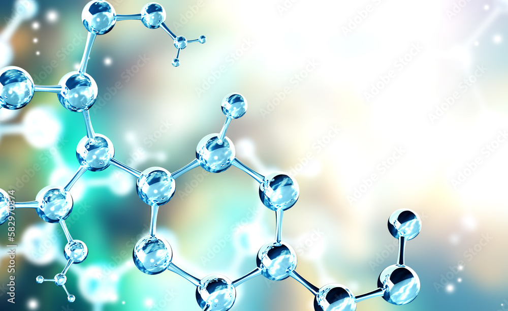 Wall mural horizontal banner with model of abstract molecular structure. background of blue color with glass at