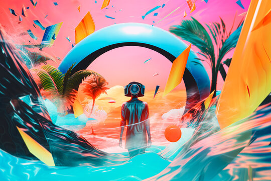 A vivid colorful portrait of a young, beautiful girl. A modern, charismatic woman. Summer surrealistic collage, psychic wave. Neon lights. Illustration, Generative AI.