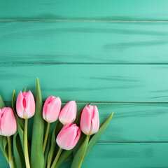 Obraz na płótnie Canvas Tulip border with copy space. Beautiful frame composition of spring flowers. generative ai. Bouquet of pink tulips flowers on green vintage wooden background