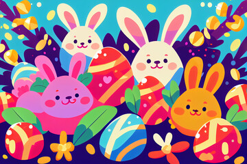 Obraz na płótnie Canvas Colorful Easter Bunnies and Eggs Vector Illustration in Pastel Tones - Perfect for Spring