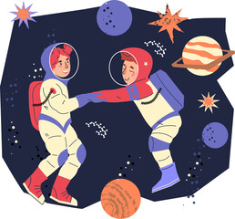 Banner for astronomy education and space adventure topic for children. Space decorative backdrop with kids little astronauts.