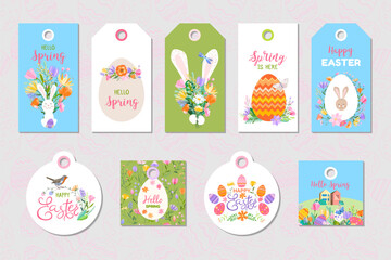 Set of Happy Easter vector illustrations. Trendy Easter design with typography, bunnies, flowers, eggs, bunny ears in soft colors.