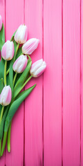 Obraz na płótnie Canvas Tulip border with copy space. Beautiful frame composition of spring flowers. generative ai. Bouquet of pink tulips flowers on pink vintage wooden background