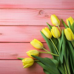 Tulip border with copy space. Bouquet of yellow tulips flowers on pink vintage wooden background. generative ai. Beautiful frame composition of spring flowers