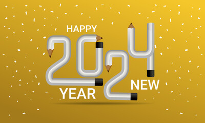 Happy New Year 2024 lettering calligraphy text design template, pencil, typography, alphabet letters and numbers vector illustration