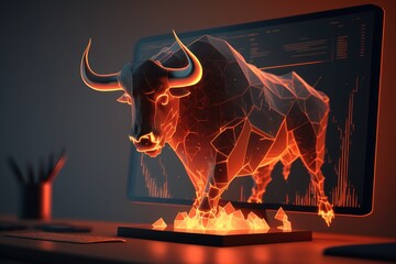 Fire sculpture of bull in front of computer screen, Bullish divergence in Stock market and Crypto currency. Created Generative Ai