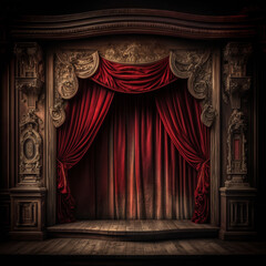 stage wood with red curtains, Generative Ai
