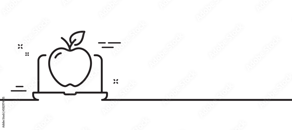 Poster laptop line icon. notebook with apple fruit sign. online diet menu symbol. minimal line illustration