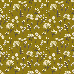 Seamless vintage pattern on khaki background. Small white flowers. Vector texture. Fashionable print for textiles and wallpaper.