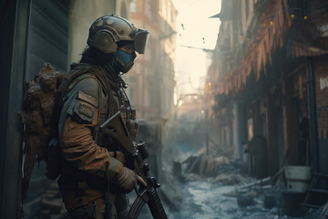 A single soldier moving through a war zone city