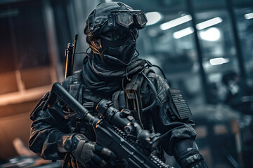 High tech futuristic soldier in nano uniform