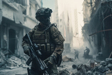 Obraz premium A soldier on a special mission in a war town