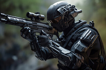 Obraz premium A soldier in a futuristic high tech armor and holding a rifle