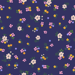 Fototapeta na wymiar A pattern of small pink, orange, purple and soft neutral beige flowers with green leaves on purple. Seamless floral vector repeating pattern.
