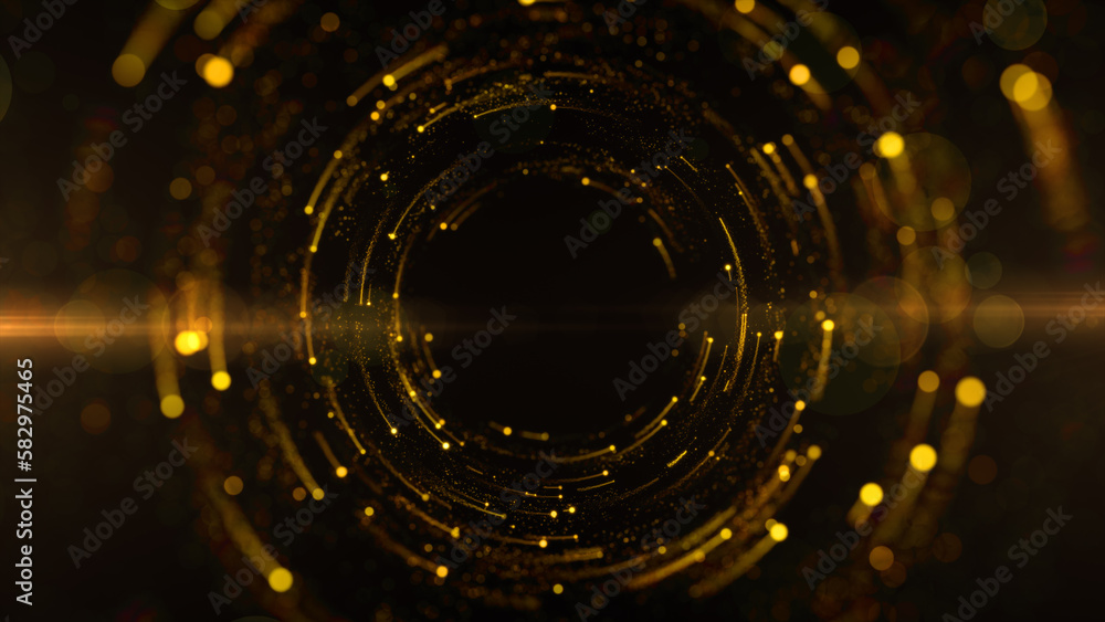 Poster tunnel gold color digital particles with dots and line circles, abstract background 3d rendering