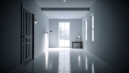 White color corridor, house interior with lamps, generative AI.