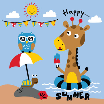 giraffe and friends on the beach funny animal cartoon