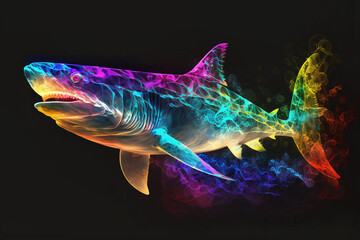 Neon, magic, acid, futuristic, space shark illustration