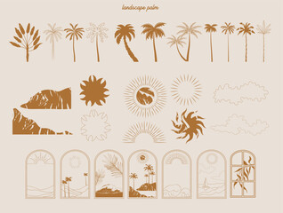 Collection of Summer Boho linear symbols, icons design. Sun, palm tree, landscape. Editable Vector Illustration.