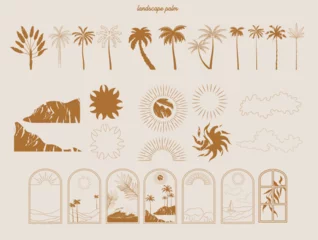 Poster Collection of Summer Boho linear symbols, icons design. Sun, palm tree, landscape. Editable Vector Illustration. © miobuono